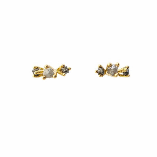 Rough Diamond Triple 14 kt gold studs, front view.