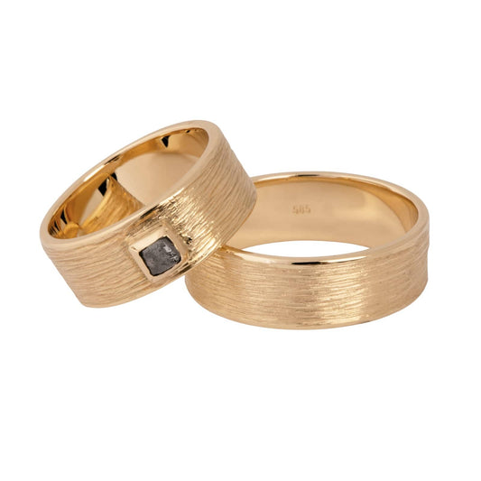 Structure 14 kt white gold diamond wedding rings, front view.