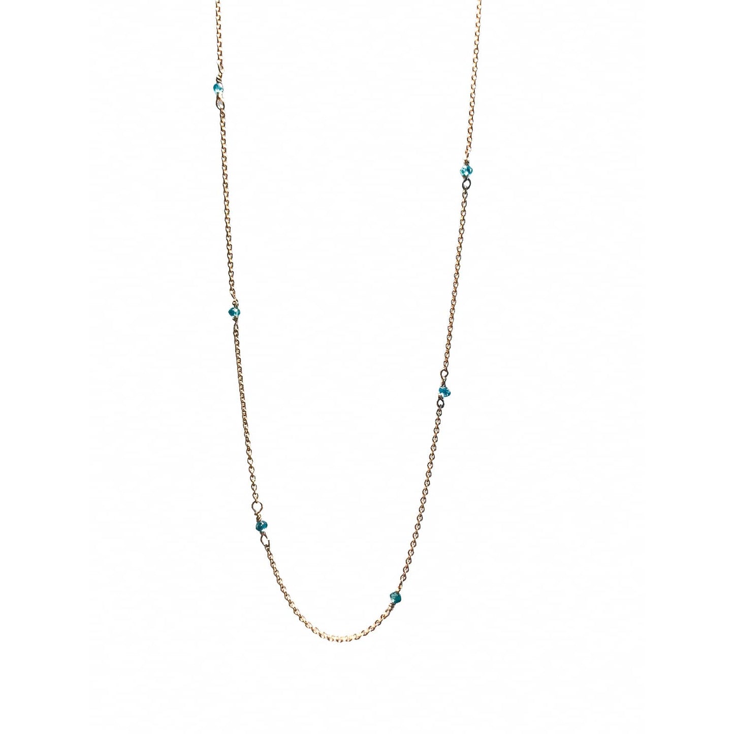 Beads 14 kt gold turquoise diamond necklace, hanging.