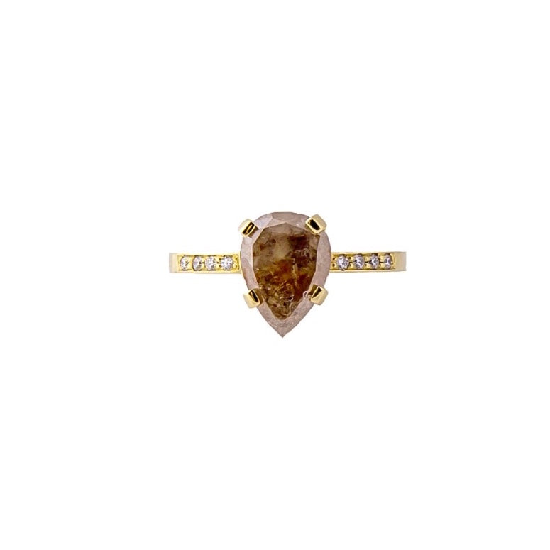 Fancy Opaque 14 kt gold diamond ring, front view.