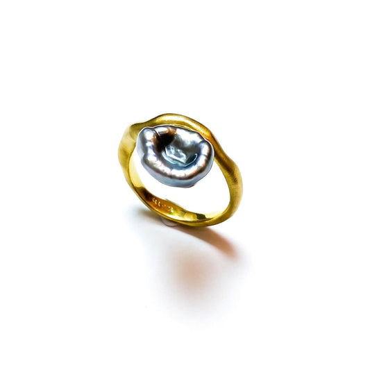 Keshi Curves gold plated silver pearl ring, top left view.