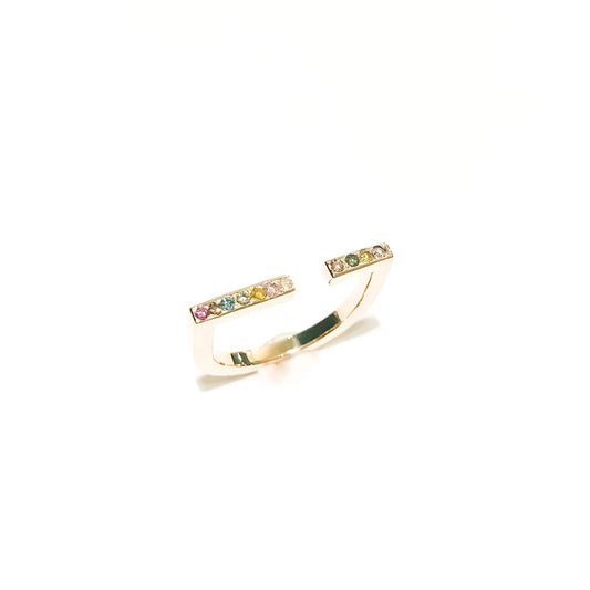 Rainbow 14 kt gold diamond ring, top view.