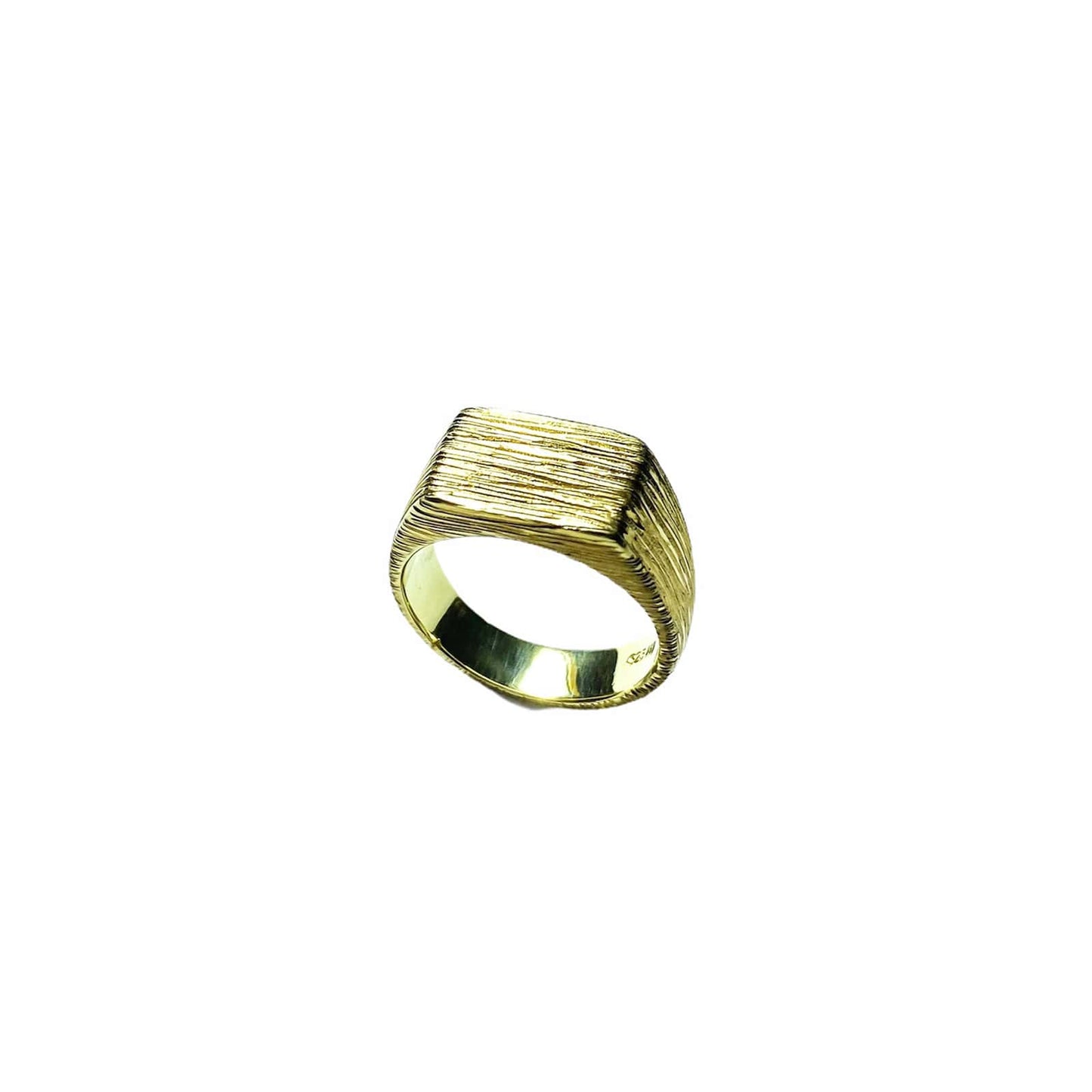 Raw Signet gold plated silver ring, top left view.
