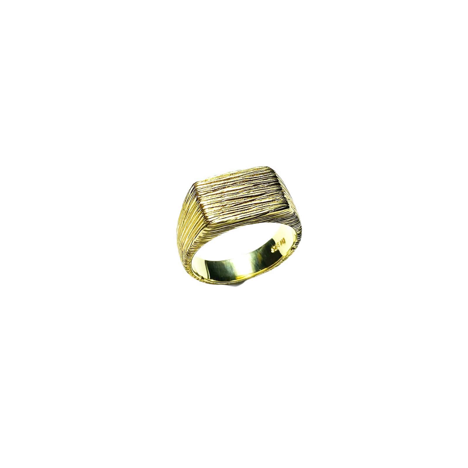 Raw Signet gold plated silver ring, side view.
